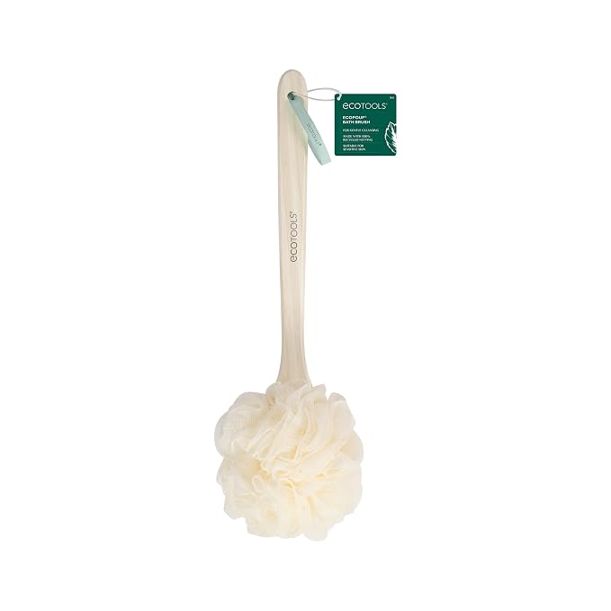 EcoTools EcoPouf Bath Brush, Loofah for Men and Women, 1 Count | Back brush for shower made with long handle, soft netting for gentle exfoliation, bamboo loofah