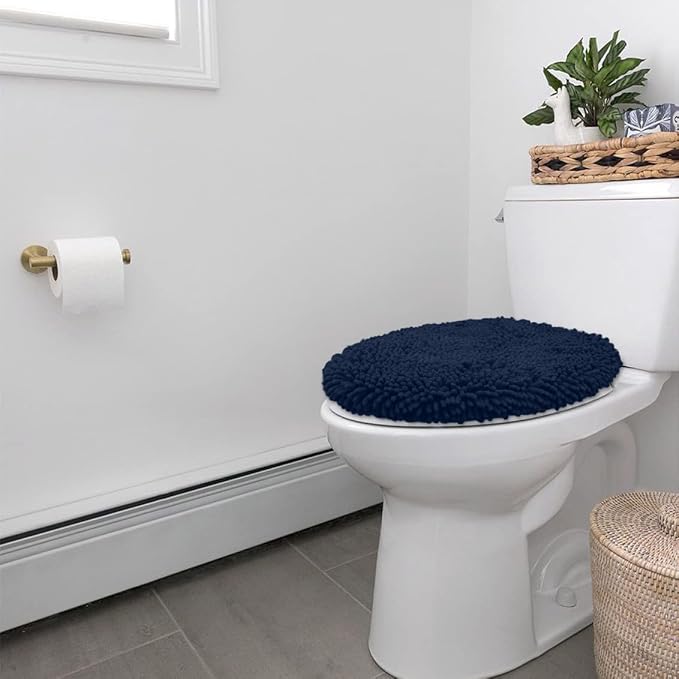 LuxUrux Toilet Lid Cover with Stretch Fit Elastic Band – Chenille Microfiber Toilet Seat Non-Slip Cover for Bathroom – Soft Plush, Machine Wash And Dry, Comfort & Clean Look (18 x 21'', Navy)