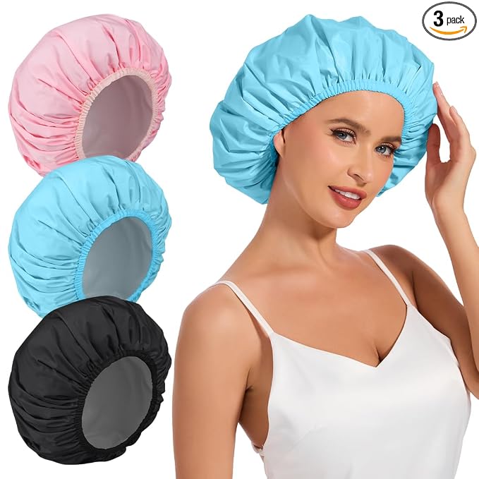 3 Pack Waterproof Shower Cap for Women, Reusable Bath Cap for Long Hair, Comfortable Hair Cap for Shower and Home Use