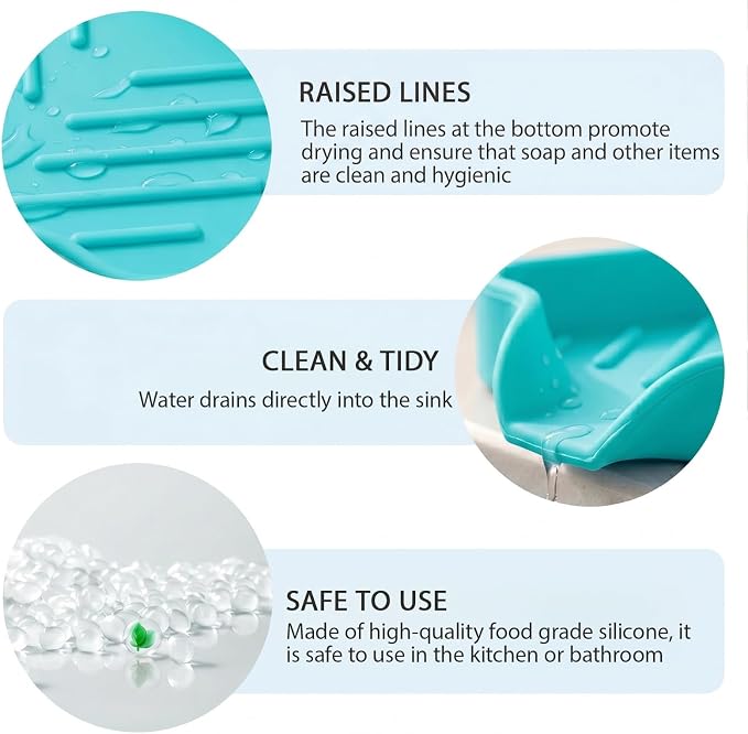 MicoYang Silicone Soap Dish with Drain Spout, Self-Draining Sink Organizer Tray for Bathroom and Kitchen, Sponges, Dispensers and Soap Holder, Non-Slip and Dishwasher Safe, Mint (Compact, 4.9"×3.2")