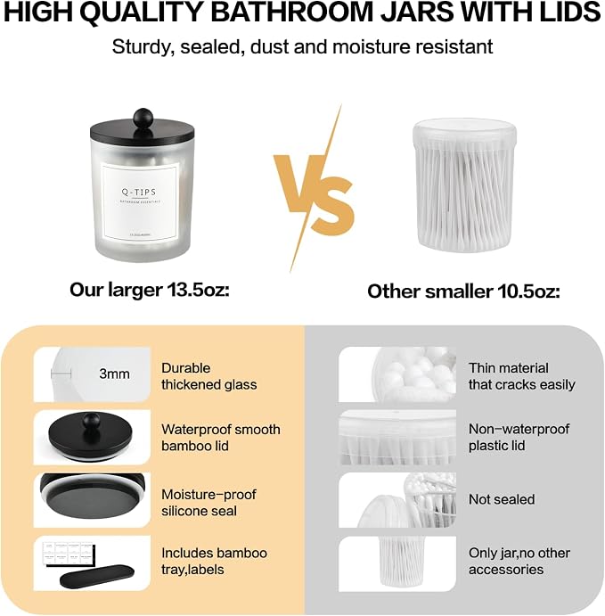 3 Pack Qtip Holder Bathroom Set,Cotton Ball Swab Pad Holder Cotton Round Floss Pick Dispenser with Tray,Glass Apothecary Jars with Lids,Bathroom Organizers and Storage Canisters-Frosted White