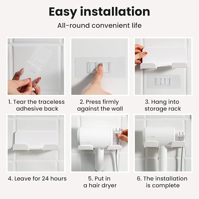 Hair Dryer Holder Wall Mount, Upgraded Stainless Steel, White, Round, 4.53 x 3.74 x 2.17 Inches, Dual Installation Methods (Screw Mounted & Glue Installed), Maximum Diameter 2.3 Inch