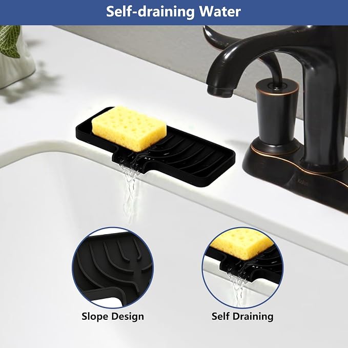 Silicone Sponge Holder for Kitchen Sink With Drain Spout, Self Draining, Kitchen Soap Tray, Bathroom Organizer, Sink Caddy (Black, 10×4)