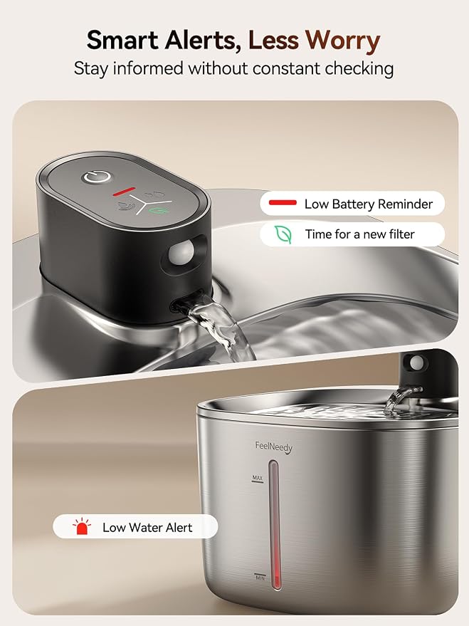 FEELNEEDY Wireless Cat Water Fountain Stainless Steel with Sensor, 4000mAh Battery Operated, 4L/135fl oz Pet Water Fountain for Cats Dogs, Ultra Quiet Cat Drinking Fountain with 2 Filters (YPD-C004S)