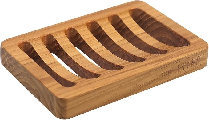 Slotted Bar Soap Holder Teak Wood by HTB, Kitchen Wooden Sponge Holder, Self Draining Soap Dish for Shower, Sink, Bathroom, Bathtub, RV