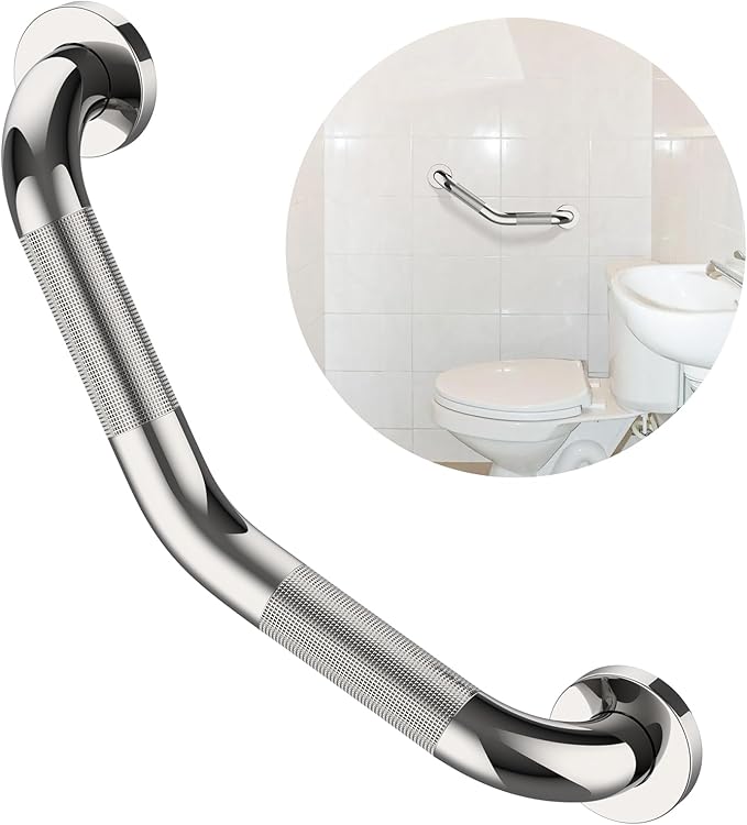 16 Inch Angled Grab Bar, ZUEXT Anti-Slip Shower Grab Bar Handles w/Knurled Texture Grip, Chrome Stainless Steel Bathroom Balance Bar, Safety Hand Rail Support for Handicap Elderly Injury Senior