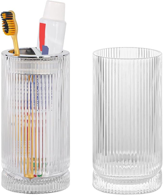 Toothbrush Holders for Bathrooms, 2pcs Clear Glass Toothbrush Holder, 14oz Bathroom Tumbler and Mouthwash Cup, Silver Tooth Brush and Toothpaste Organizer for Bathroom Vanity Countertop Decor