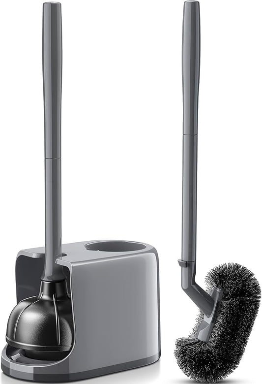 HAMITOR Toilet Plunger and Brush Set for Bathroom Cleaning with Extented Handle - Heavy Duty Toilet Plunger Combo Accessories with Caddy Stand Holder for Small Space - Gray | Extented Handle, Heavy Duty Toilet Plunger Combo Accessories with Caddy Stand...