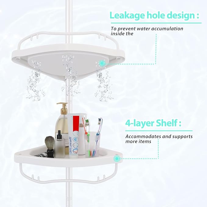 Shower Caddy Tension Pole with 4 ABS Baskets,Shower Storage Shelf with 56 to 125 Inch Adjustable Stainless Pole for Bathroom White