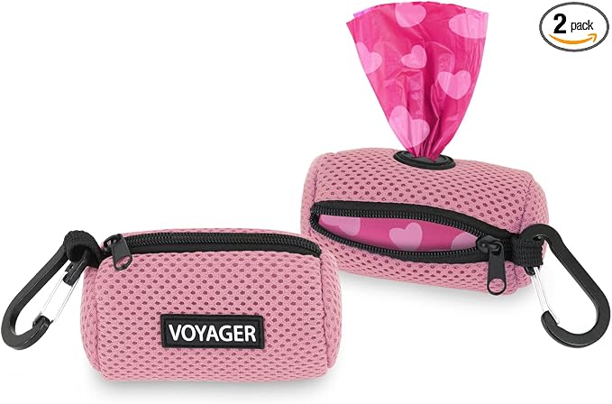 Best Pet Supplies Dog Poop Bag Holder Leash Attachment with Reusable Dispenser for Travel, Walking, Park, and Outdoor Use, Durable with Clip-On - Pink, Pack of 2, Mesh Dispenser w/30 Bags