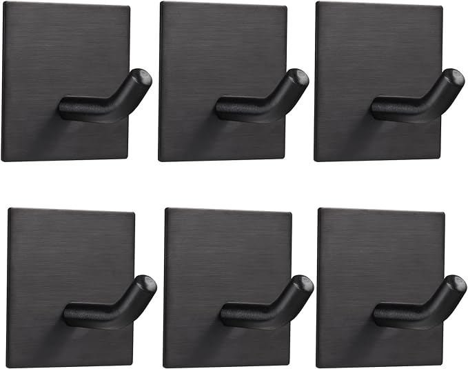 FOMANSH Heavy Duty Adhesive Hooks, Stick on Wall Adhesive Hangers, Strong Stainless Steel Holder, Self Adhesive Hooks for Kitchen Bathroom Home Door Towel Coat Key Robe 6 Packs Black