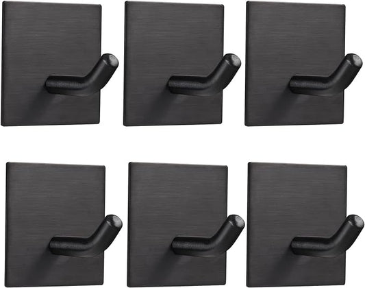 FOMANSH Heavy Duty Adhesive Hooks, Stick on Wall Adhesive Hangers, Strong Stainless Steel Holder, Self Adhesive Hooks for Kitchen Bathroom Home Door Towel Coat Key Robe 6 Packs Black