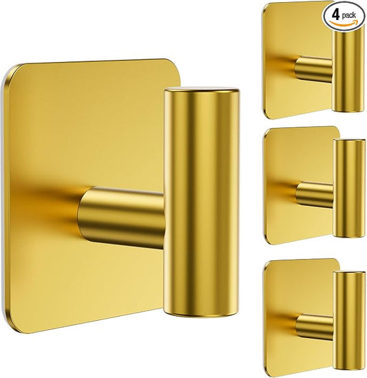 Aikzik 4 Pack Large Heavy Duty Wall Hooks - 26lb Max, Stainless Steel Adhesive Towel Hook, Shower Hooks for Hanging Towel, Coat, Robe, Wall Hook for Use in Bathroom, Kitchen and Door, Gold