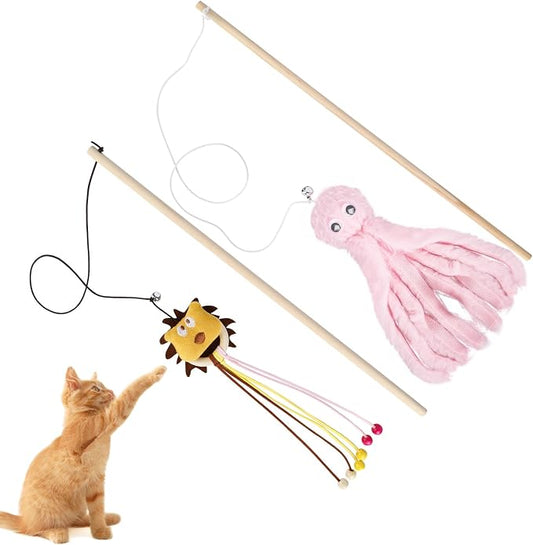 2-Pack Cat Toy Wand Set: Interactive Cat Teaser Wands with Bells and Streamers to Engage Your Cat’s Natural Instincts (Dog and Octopus)