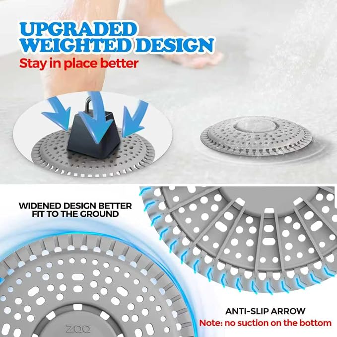 Shower Drain Hair Catcher Silicone Flat Floor Strainer Protector | Gray Weighted Flat Shower Drain Protectors, Traps Hair Before Clogs, Easy to Clean in Seconds, Fits Flat Floor Drains
