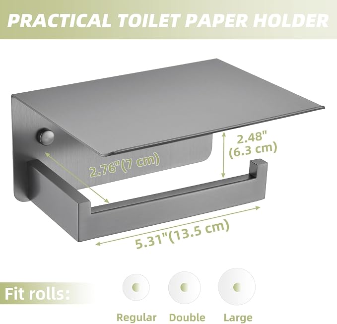APLusee Toilet Paper Holder with Phone Shelf Gunmetal Gray, 304 Stainless Steel Rustproof Wall Mounted Heavy-Duty, Space-Saving for Modern Bathrooms