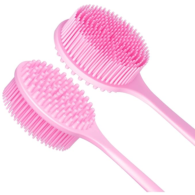 DNC Silicone Back Scrubber for Shower, Soft Bath Body Brush with Long Handle (Pink)