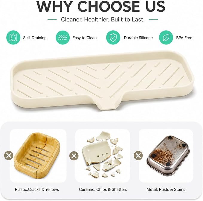 MicoYang Silicone Soap Dish with Drain Spout — Self-Draining Double Sink Organizer Tray for Kitchen & Bathroom, Dispensers, Sponges & Soap Holder, Non-Slip & Dishwasher Safe, Tapioca (Large, 12"×4")