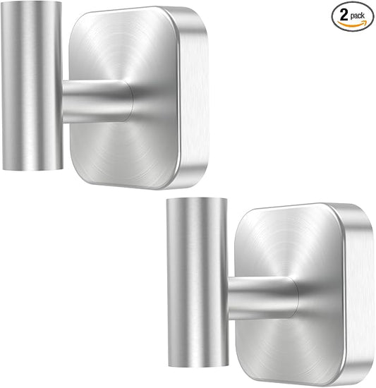 Aikzik Silver Replaceable Adhesive Hooks Heavy Duty, Stainless Steel Towel Hooks for Bathrooms & Shower-Tiles, Glass Door, Wall Hooks for Walls No Damage, Towel Holder Sticky Hooks for Hanging- 2 Pack