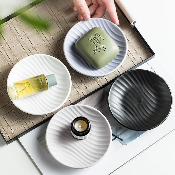 Chic Round Soap Dish, Modern Minimalist Striped Design Ceramic Tray(White)