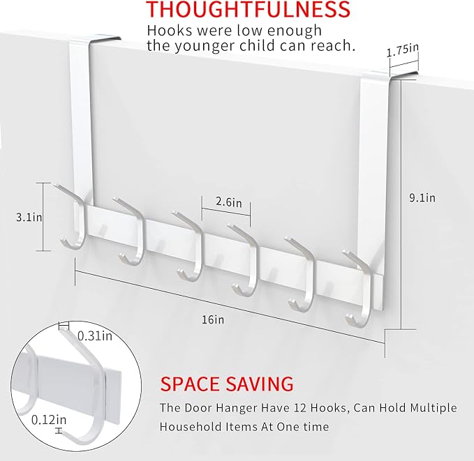 YUMORE Over the Door Hooks, Heavy Duty Door Hanger, White | Stainless Steel, Rust Resistant Finish, Long Arm Design for Easy Reach, Space-Saving Design, Fits Bathroom & Bedroom Doors