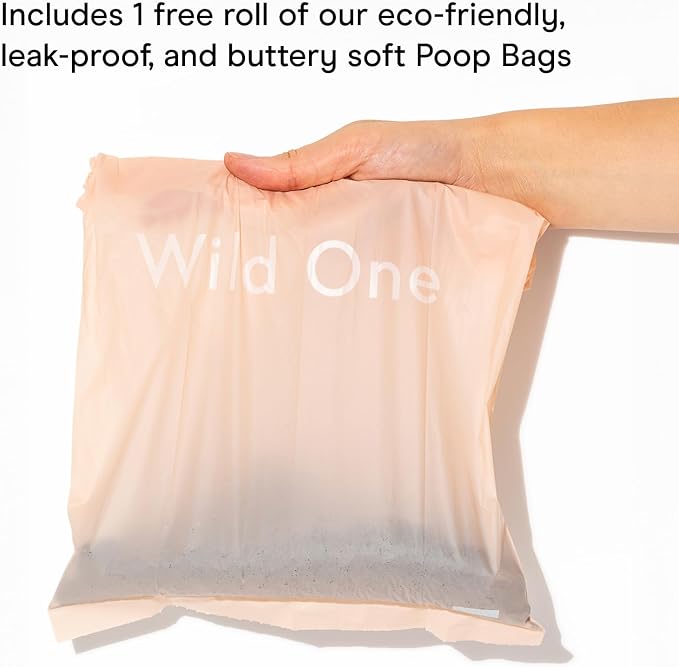 Wild One Dog Poop Bag Holder and Dispenser with Leash Attachment, Leak Proof, Easy Twist Top for Refills, Includes 1 Roll Bags, Blush