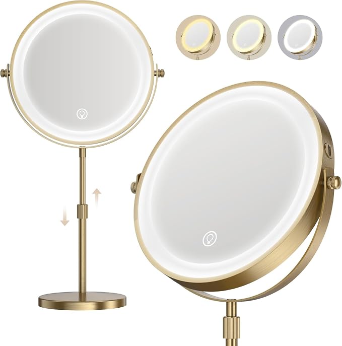 Dienmern Makeup Mirror, 1X/20X Rechargeable Vanity Mirror with Lights | Double-Sided, 5000mAh, 3 Color Dimmable Brightness, Magnification, 360° Rotation, for Dorm, Room Essentials, Women Gift