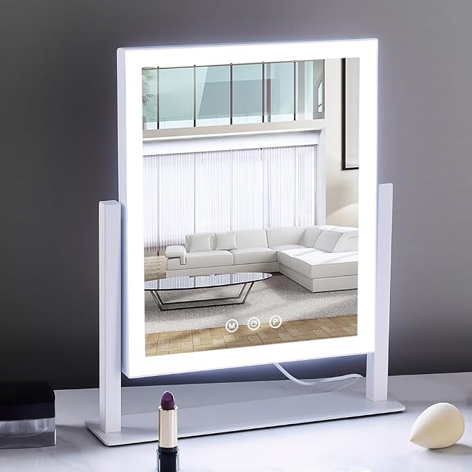 HIEEY Lighted Makeup Mirror, 14.1" x 12.1" Hollywood Vanity Mirror with Lights, Three Color Lighting Modes, and 5X Magnification Mirror, Smart Touch Control, 360°Rotation (White,Gift Box)