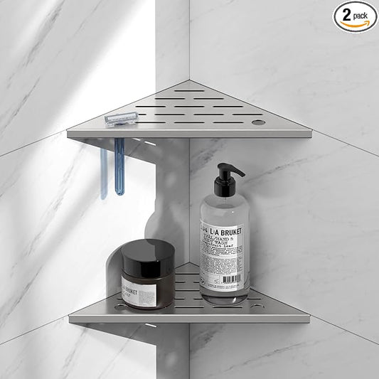 10" Corner Shower Shelf, 304 Stainless Steel Slot Design Bathroom Shower Shelf, Recessed Corner Shelves for Tiled Wall, 2 Pack, Brushed Nickel