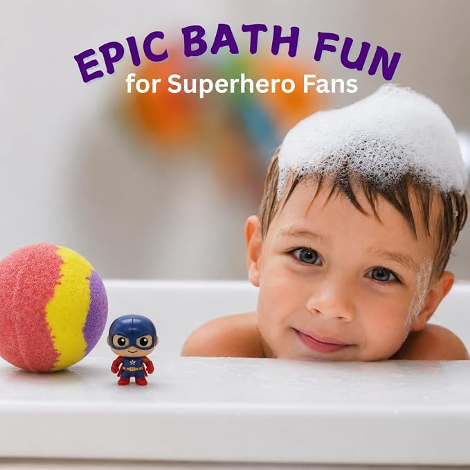 EvolutionUSA 1pc Red Epic Superhero Bath Bombs for Kids – Super Hero Bath Bomb with Toy Inside, Fun Children Bathbomb Easter, Organic Bathbomb with Surprise Inside, Superhero Bath Fizzer Valentines