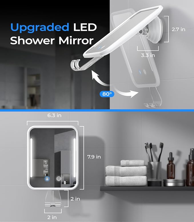 Gospire Heated Shower Mirror Fogless for Shaving with Light - White | 5000mAh Rechargeable Battery, Detachable Suction Cup & Razor Holder for Wall, NO-Drilling, Removable, Waterproof for Bathroom