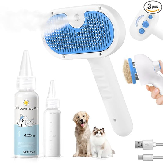Pet Steam Brush for Dogs & Cats, 3-in-1 Shedding Grooming Tool | Self Cleaning Spray Comb with Mist, Dog Brush for Shedding, Cat Brush for Hair Removal, Long Haired Pet, Waterless Shampoo