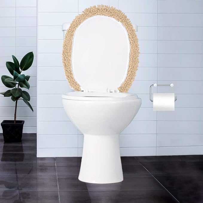 LuxUrux Toilet Lid Cover with Stretch Fit Elastic Band – Chenille Microfiber Toilet Seat Non-Slip Cover for Bathroom – Soft Plush, Machine Wash And Dry, Comfort & Clean Look (18 x 18'', Birch)