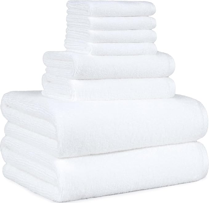 Amazon Basics 100% Cotton Soft Quick-Dry 8-Piece Towel Set, Bath Towels, Hand Towels, Washcloths, White, Compact & Lightweight