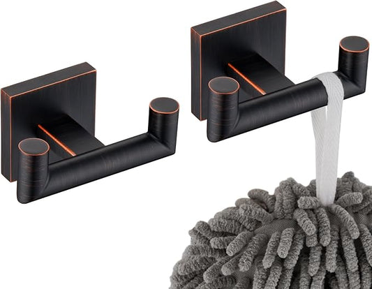KOKOSIRI Robe Hooks Bathroom Double Towel Coat Hook for Bath Kitchen Hardware Wall Mounted, 2 Pack Oil Rubbed Bronze Stainless Steel B1015ORB-P2