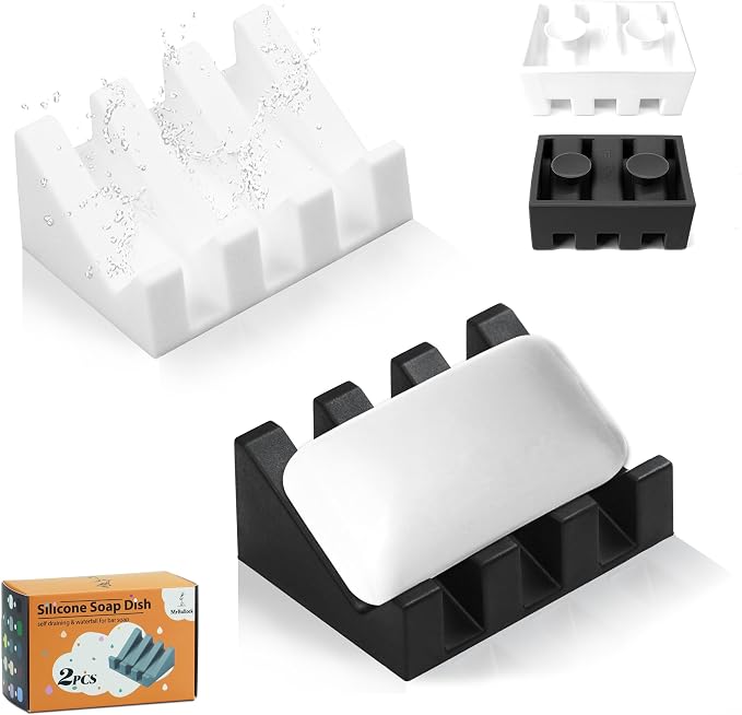 Silicone Soap Dish Self Draining with Suction Cups (Black-White) | Waterfall drainage design drains fast to keep soap dry silicone soap saver with reusable suction cups for bathroom & kitchen