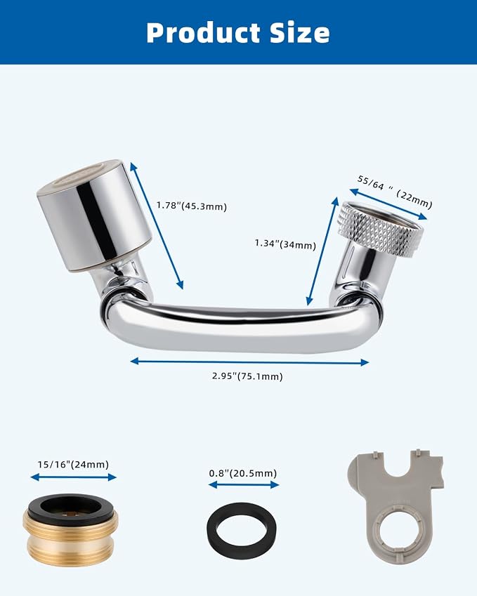 Hibbent 1080° Swivel Faucet Extender, Metal Rotatable Sink Faucet Aerator with Metal Extension, 2 Functions Kitchen & Bathroom Sink Sprayer, Faucet Attachment for Face Washing, Chrome