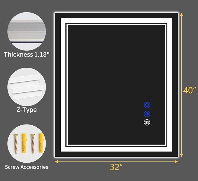 40"x32" LED Bathroom Mirror with Lights,Anti-Fog,3 Color Modes