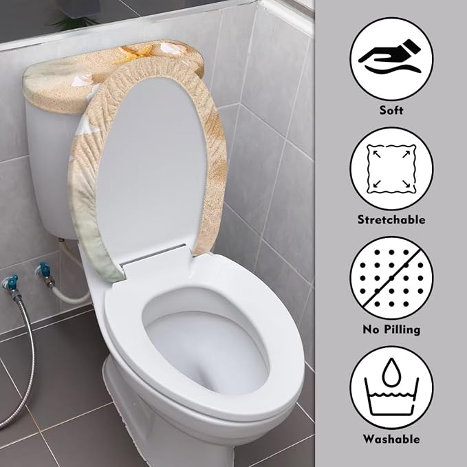 Beach Starfish Toilet Cover Set of 2,Sea Shell Print Toilet Seat Lid Cover Round Elongated and Oblong Lids Portable for Bathroom Decorations