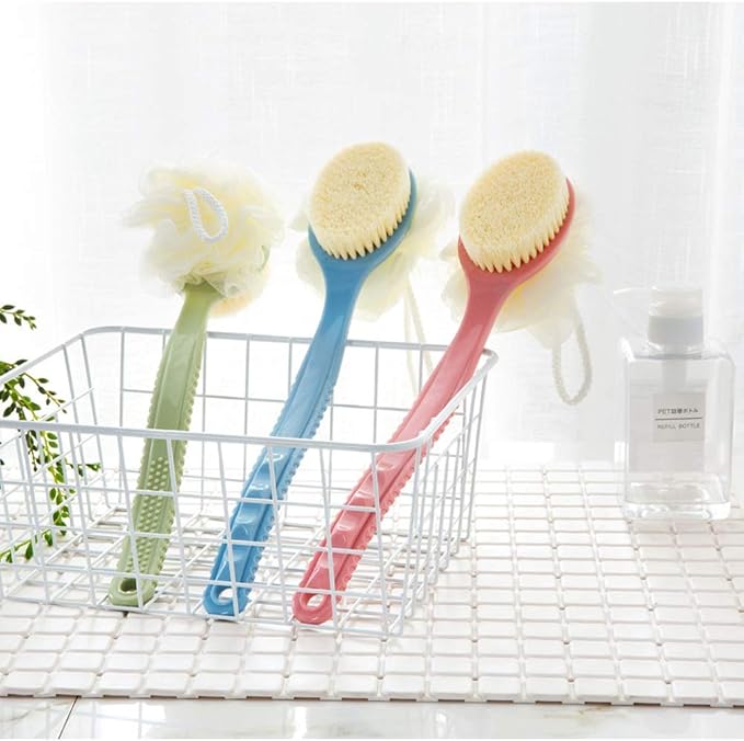 Shower Body Brush Bristles & Mesh Loofah Sponge,Curved Handle Back Scrubber | Long Handle Bath Brush with Mesh Sponge for Skin Exfoliating,Massage Bristles Suitable for Wet or Dry,Men & Women(Black)