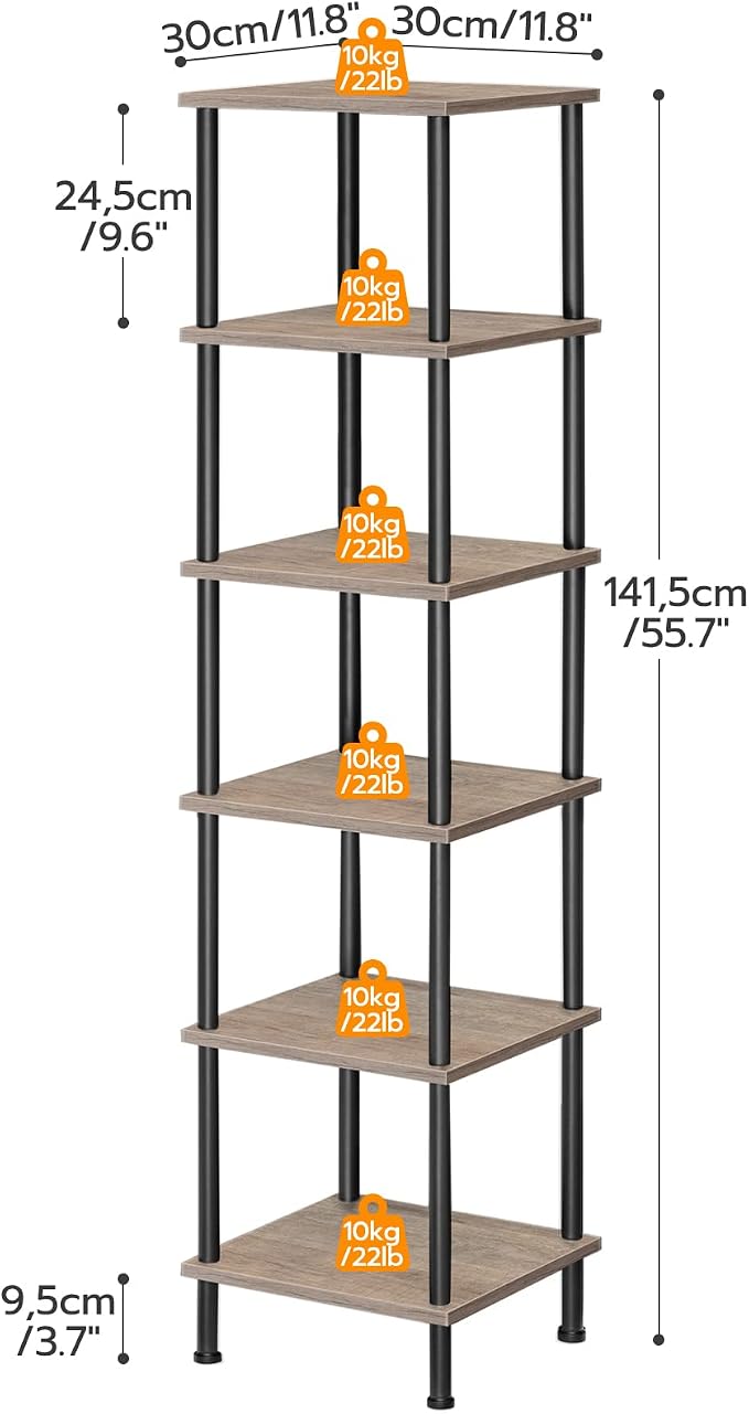 HOOBRO 6-Tier Corner Shelf, Corner Square Rack Display Shelf, Tall Storage Rack Plant Stand, Bookcase for Small Spaces, Living Room, Home Office, Kitchen, Greige and Black BG55CJ01
