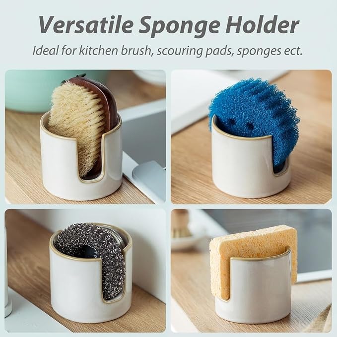 Zoeeker Sponge Holder for Kitchen Sink, Ceramic Dish Sponge Drying Caddy Scrubby Daddy Kitchen Organizer Cute Dish Rack for Sink Counter, Beige White