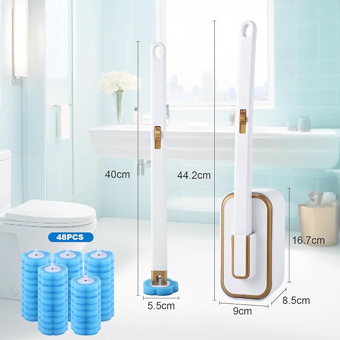 wlich Disposable Toilet Brush Set With 48 Refills, Wall-Mount Holder | Flexible Scrubbing Head, Hygienic Toilet Cleaning, Wall-Mounted Storage for Homes, Apartments, Dorms, Offices, Hotels