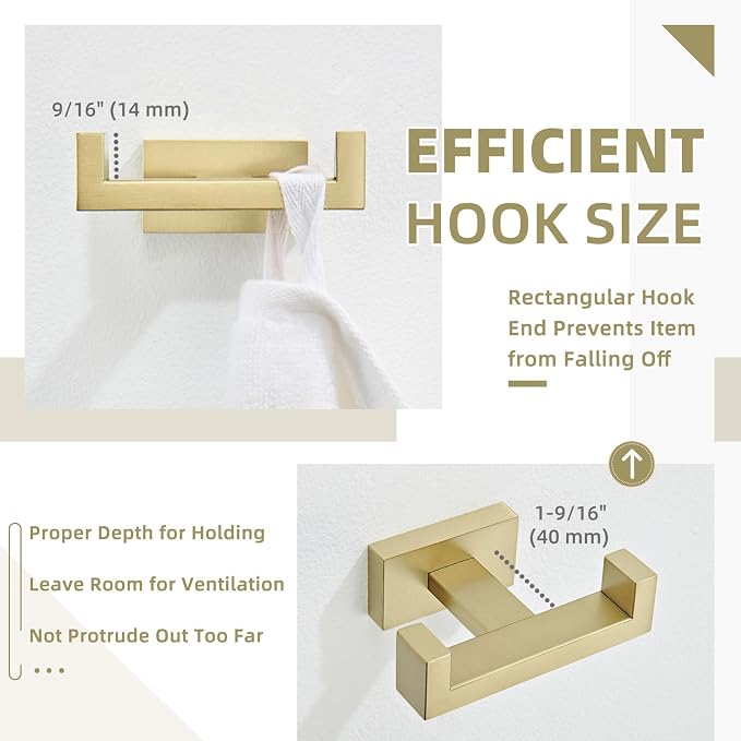 Angle Simple Towel Hook Brushed Gold, SUS304 Stainless Steel Double Robe Coat Hook, Hand Towel Holder Bathroom Wall Mount