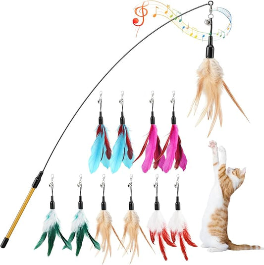 Pawaboo Cat Feather Wand Interactive Toy, 10 Feathers + 1 Wand with Bell | Cat Feather Teaser Toys Flying Catcher Extra Long 34.5" Wand Exerciser Playing Cat Toy Wands for Kitten, Multi-Color Blend