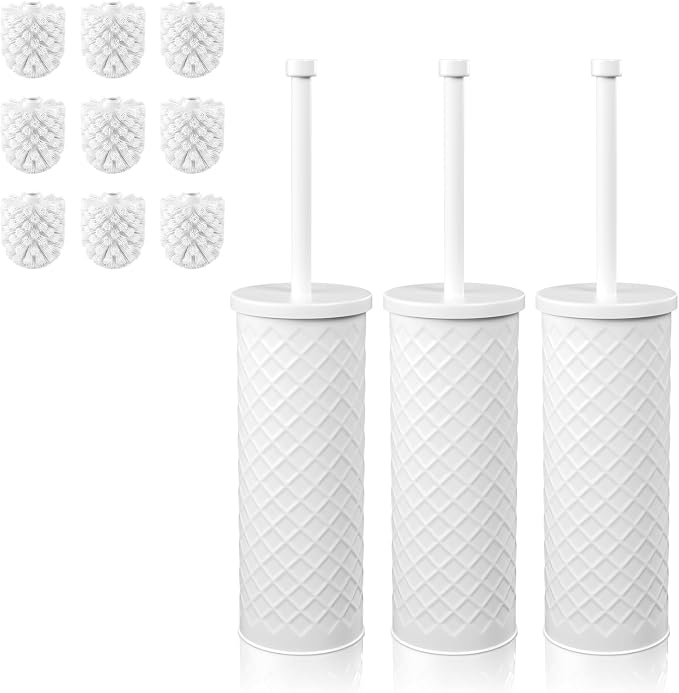 Toilet Bowl Brush and Holder Set 3 Pack with 6 Extra Brush Heads (White) | Extra Long Handle with Splash Guard Cover, Tool-Free Installation, Bathroom Space-Saving, Cleaner Sets for Apartments, RV