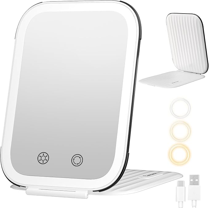 FUNTOUCH 2000mAh Rechargeable Travel Makeup Mirror with Lights | Light up Portable Vanity Mirror with 80 LEDs,Brightness Adjustable,3 Lighting, Dimming Compact Mirror