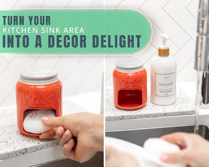 Comfify Coral Mason Jar Ceramic Sponge Holder – Farmhouse Sink Caddy | Coral; mason jar ceramic; 5"H x 3.75" diameter; includes nylon scrubby; embossed ‘MASON’; decorative lid; farmhouse