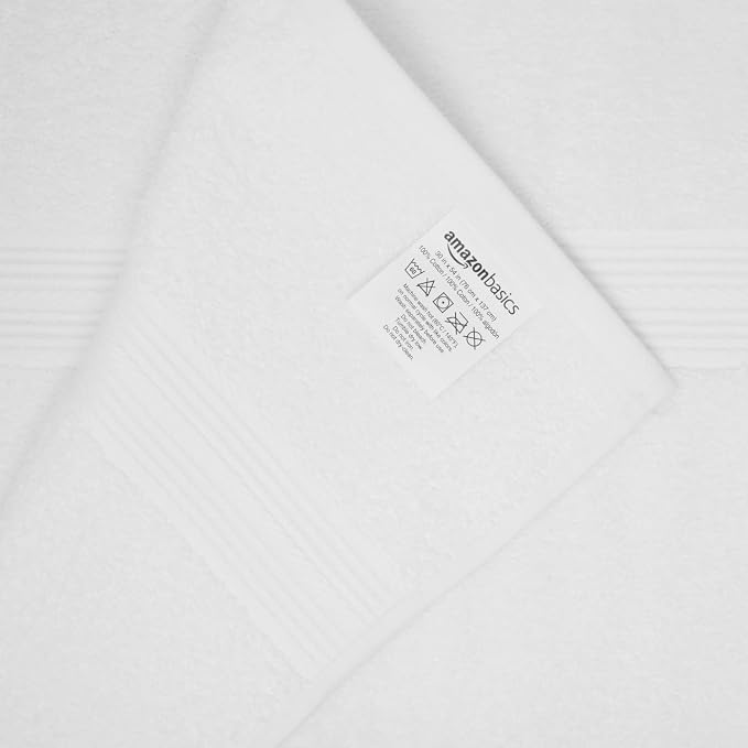 Amazon Basics 6-Piece Oversized Highly Absorbent Fade-Resistant Towel Set, 100% Cotton Towels for Bathroom, Soft, 2 Bath Towels, 2 Hand Towels, 2 Washcloths, White (Pack of 2)