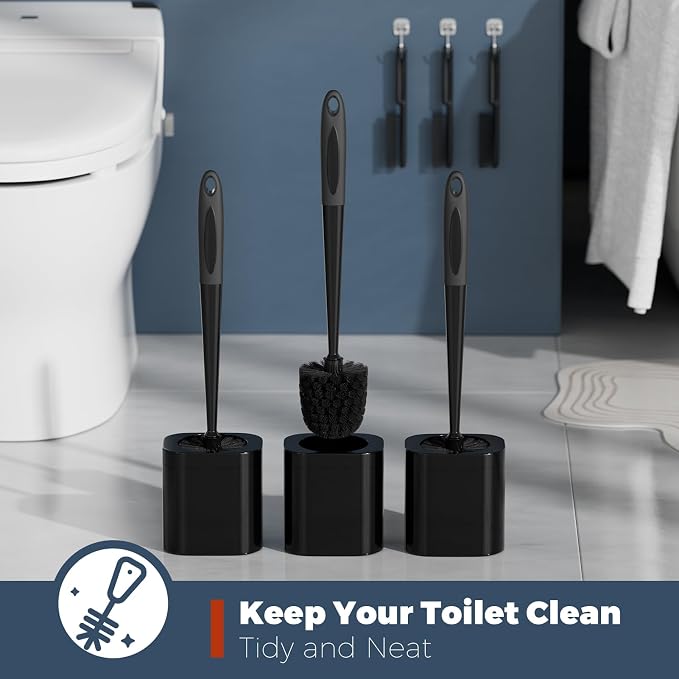 Holaloha Toilet Brush and Holder Set, Space Saving, 3 Pack, Black | Bathroom Accessories, Ergonomic Silicone Handle, Dense Bristles, Deep Cleaning, with 3 Crevice Brushes, Compact Design